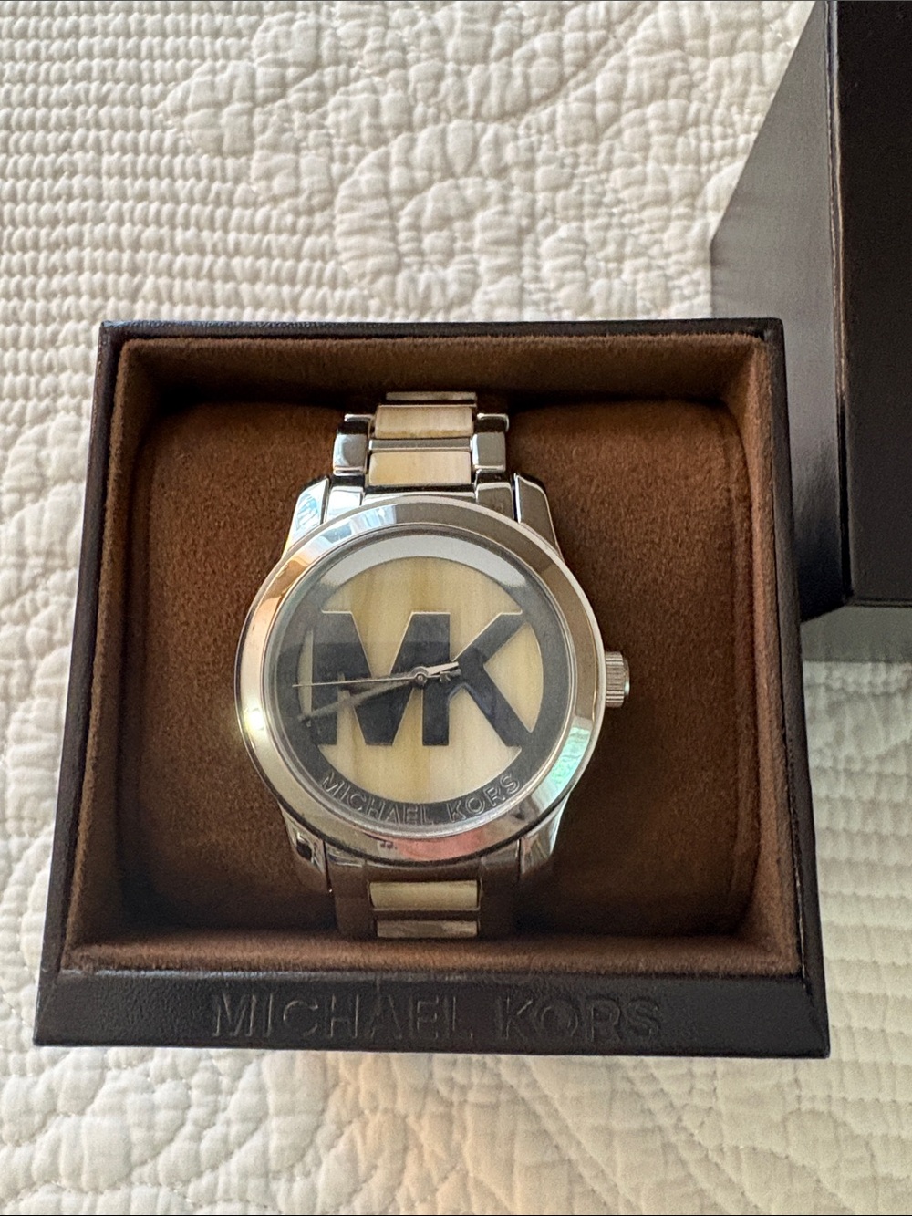 Michael Kors Men's Silver Tone Watch with Champagne Dial MK Logo